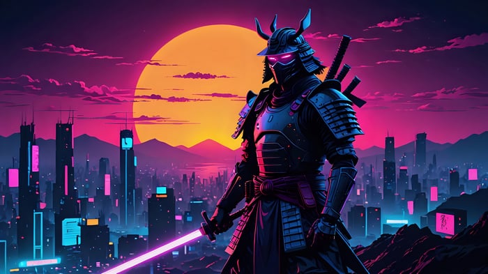 Sci-Fi Samurai in Neon City at Sunset 4K