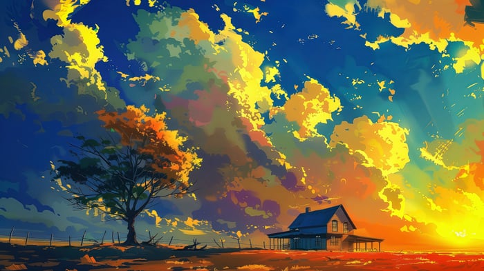 House and Tree at Sunset with Dramatic Clouds 4K