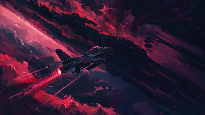 Fighter Jet Flying Through Red Clouds 4K