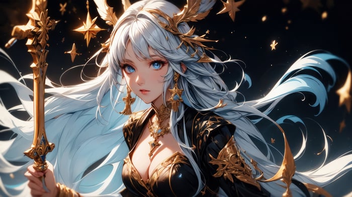 Fantasy Anime Girl with Golden Staff and Stars 4K