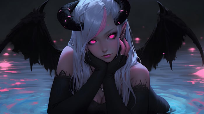 Demon girl with black wings and pink eyes