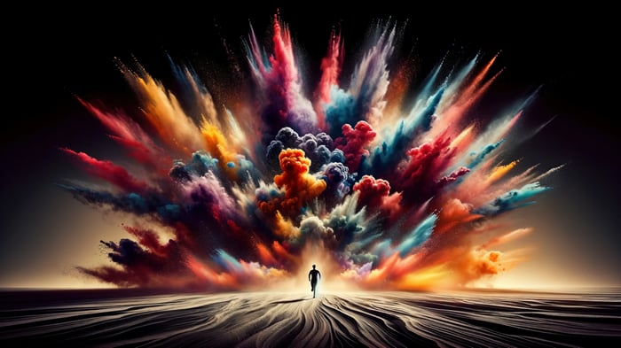 Man running towards a colorful explosion