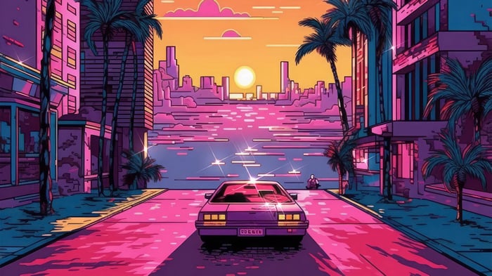 Retro Car Driving Towards a City Sunset