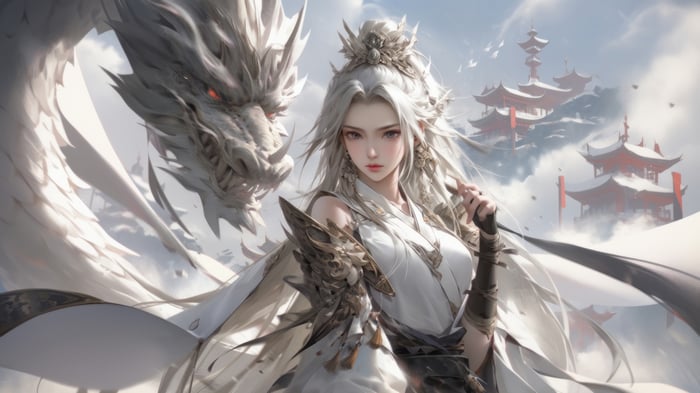 Beautiful Girl and White Dragon in Fantasy 4K