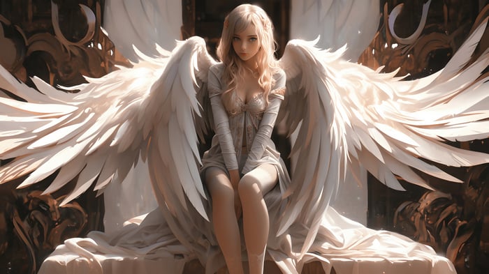 Blonde Angel with Large White Wings 4K