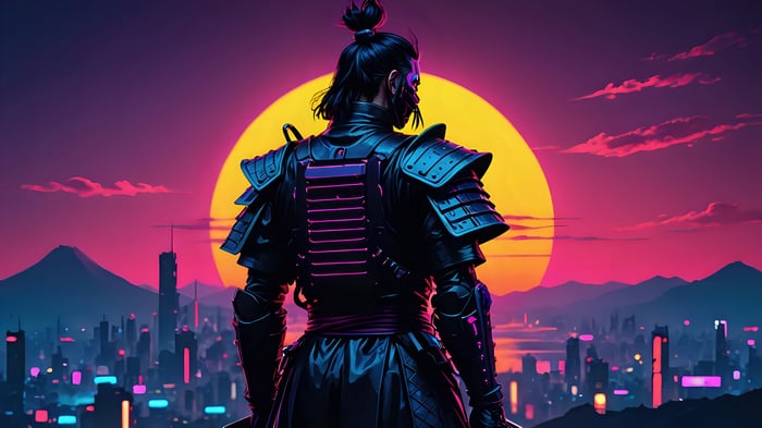 Sci-Fi Samurai in front of a large yellow moon