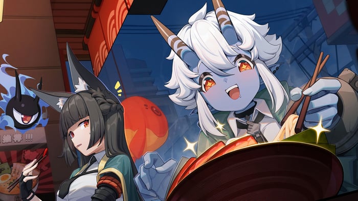 Zenless Zone Zero: Soukaku and Hoshimi Miyabi eating noodles
