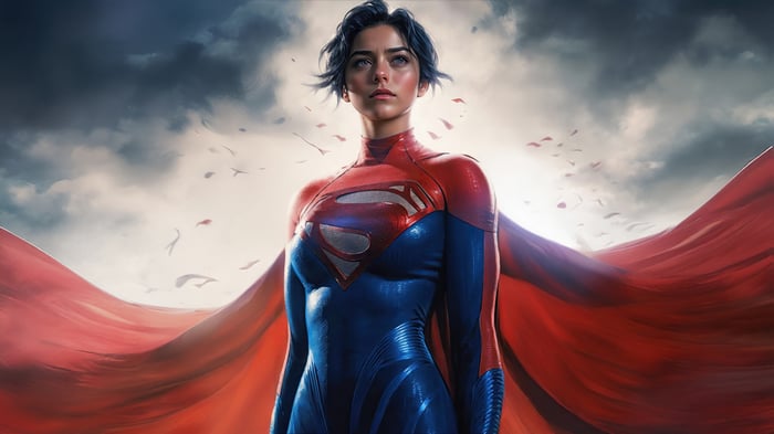Supergirl in a red and blue suit with a red cape