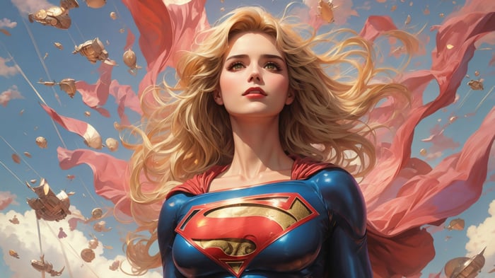 Supergirl in a blue and red suit with a pink cape
