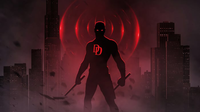 Daredevil Silhouette with Red DD Logo and Cityscape 4K