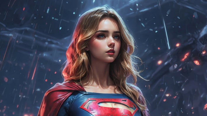 Supergirl in a red cape and blue suit, 4K