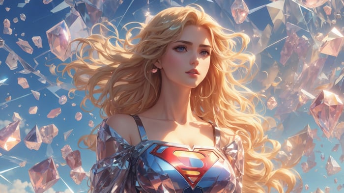Supergirl in a diamond-like costume surrounded by crystals