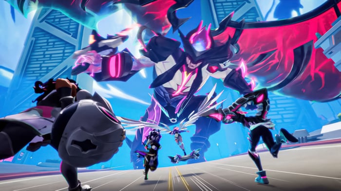 Anima Squad Aatrox and allies fighting a giant monster