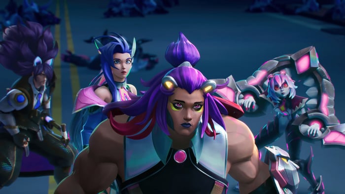 Anima Squad Illaoi, Briar, Seraphine, and Yasuo in League of Legends 4K