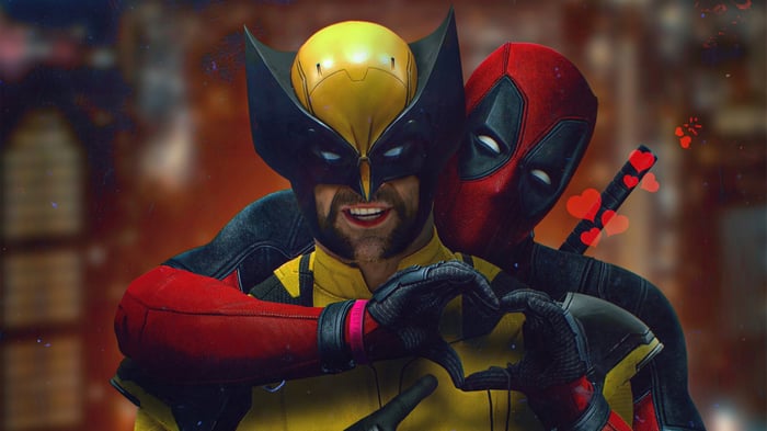 Deadpool and Wolverine making heart shape
