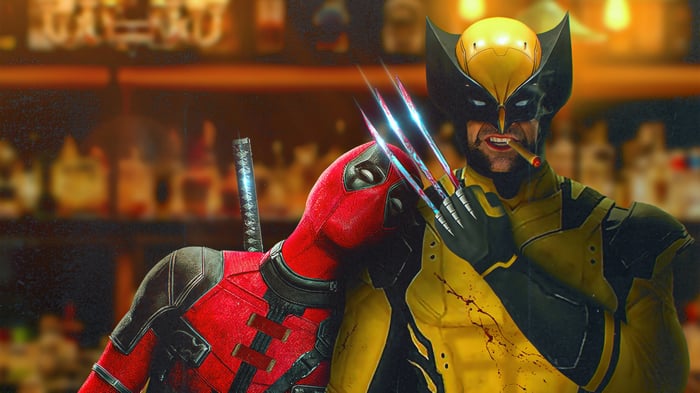 Deadpool and Wolverine in a bar 4K