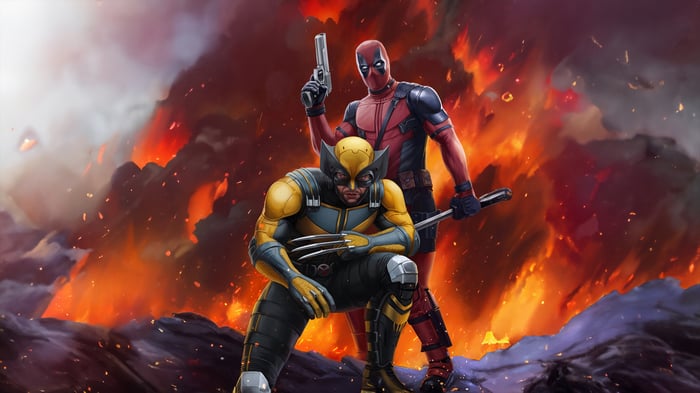 Deadpool and Wolverine in front of fire