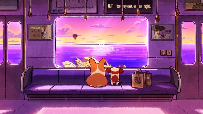 Corgis on a train watching a sunset 4K