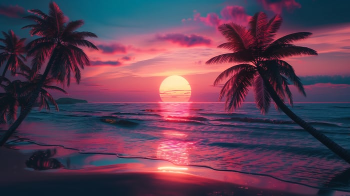 Sunset over the ocean with palm trees