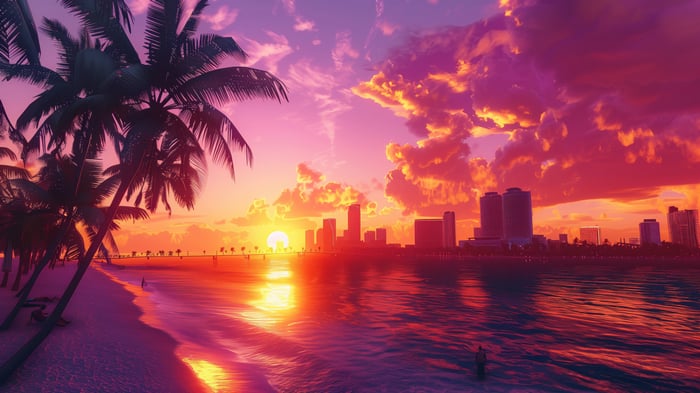 Beach and Cityscape at Sunset 4K