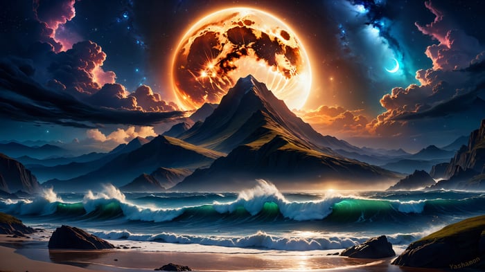 Digital Art 4K Night Beach Waves Mountain Moon Clouds