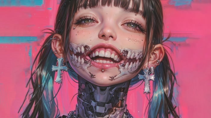 Cyberpunk Anime Girl with Mechanical Neck and Cross Earrings 4K