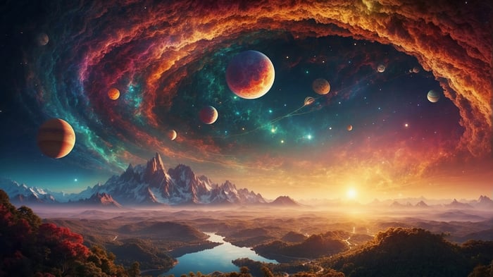 Planets and Nebula in a Cosmic Sunset 4K