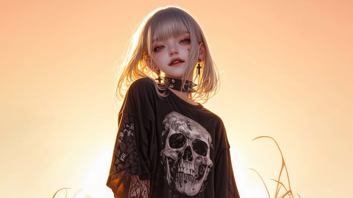 Anime Girl with Skull T-shirt and Cross Earrings 4K