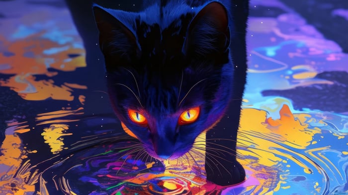 Black Cat with Glowing Eyes on Colorful Surface 4K