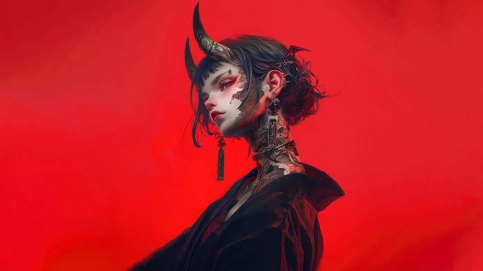 Anime Demon Girl with Horns and Tattoos 4K