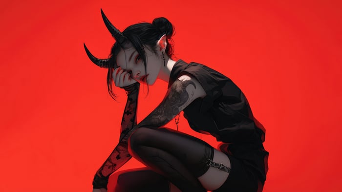 Demon Girl with Horns and Tattoo 4K