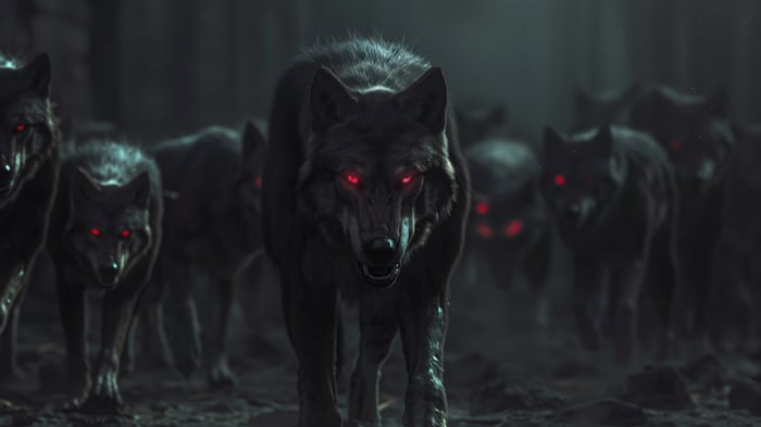 Pack of wolves with red eyes in a dark forest