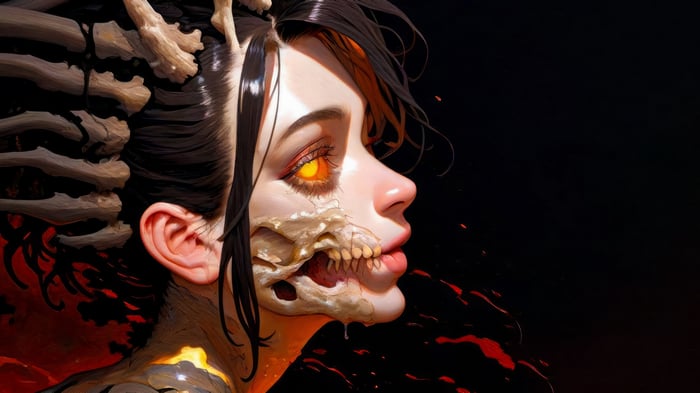 Fantasy girl with skeleton features and glowing eyes 4K