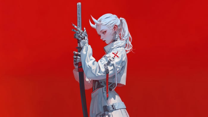 Anime Girl with Katana and Horns 4K
