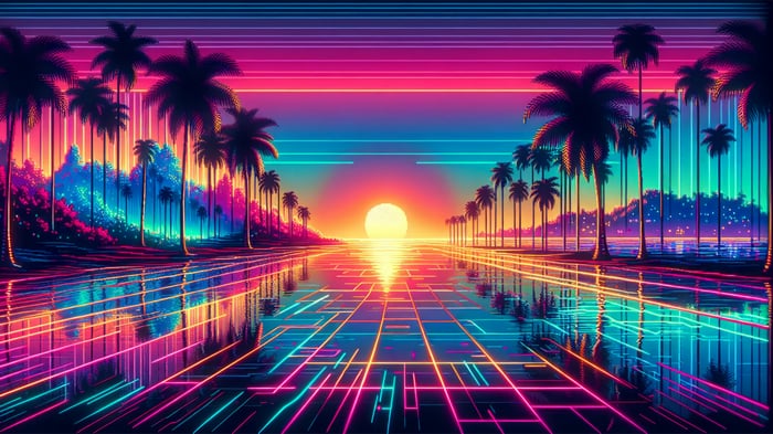 Sunset Over Water with Palm Trees and Neon Grid