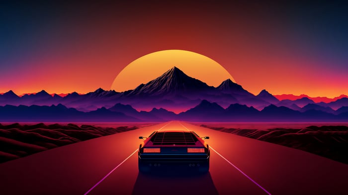 Sports Car Driving Towards Mountains at Sunset