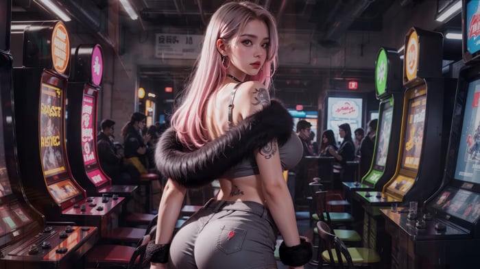 Anime Girl in Arcade with Slot Machines 4K