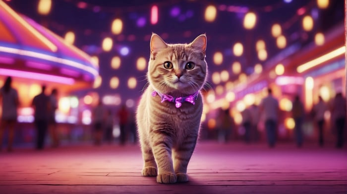 Ginger cat with a bow tie at a carnival