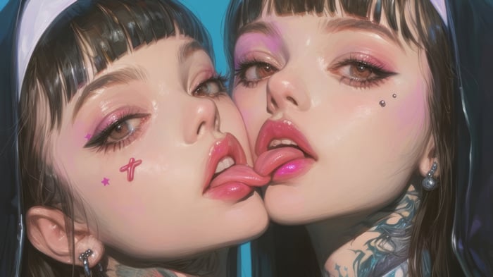 Anime Girls with Tattoos and Tongue Out in 4K