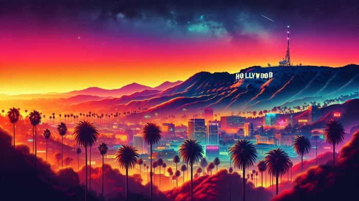 Hollywood Cityscape at Sunset with Palm Trees 4K