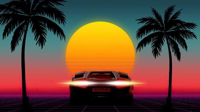 Outrun Car with Palm Trees and Sunset 4K