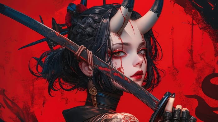 Anime Girl with Horns and Katana in 4K
