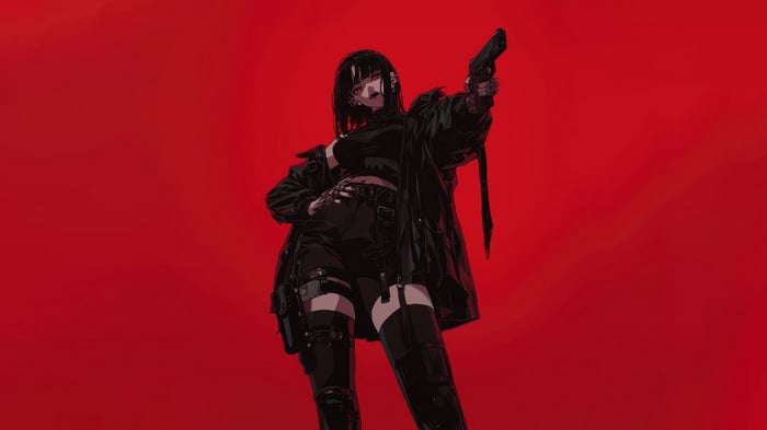 Anime Girl with Gun on Red Background 4K