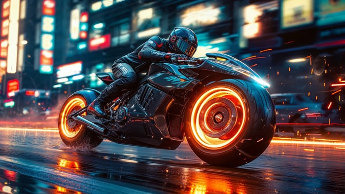 Cyberpunk motorcycle rider in neon city 4K