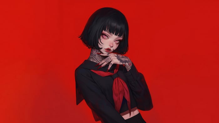 Anime Girl with Tattoos in School Uniform 4K