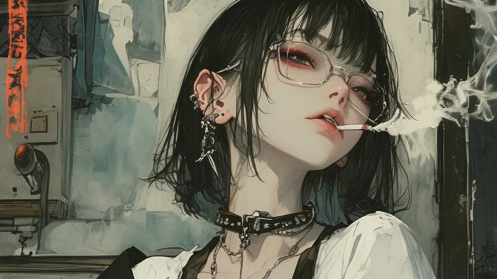 Anime Girl Smoking with Glasses 4K