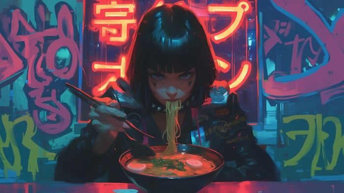 Anime Girl Eating Ramen in Front of Graffiti