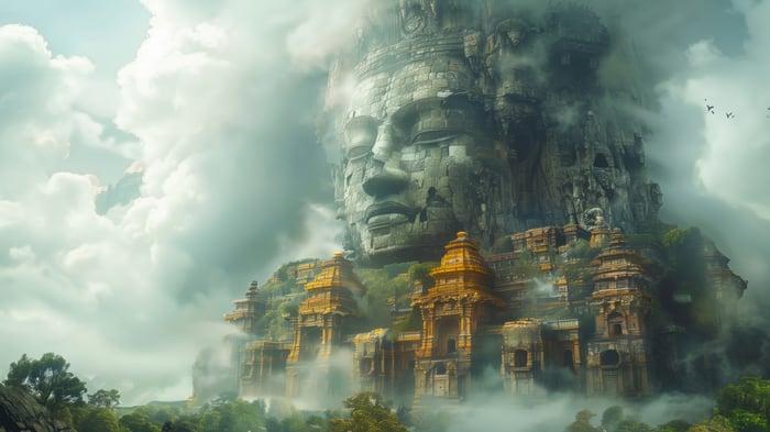 Fantasy Temple Carved into a Giant Stone Face in Clouds 4K