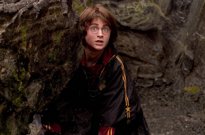 Harry Potter hiding behind a rock