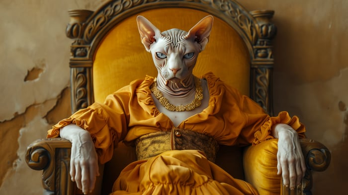 Sphynx cat in a regal yellow dress on a throne